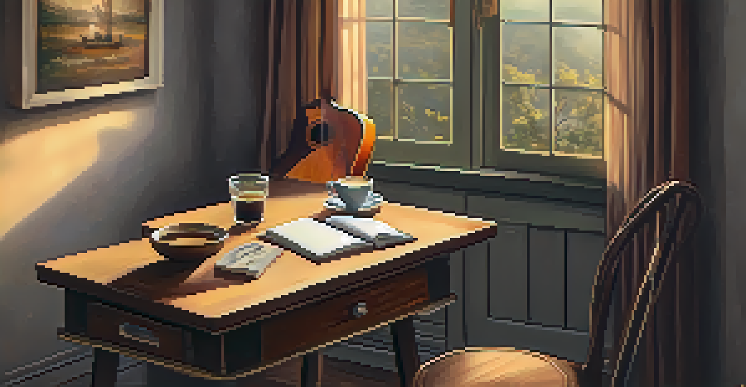 A fingerstyle guitar next to a notebook and a cup of coffee in a cozy setting, illustrating a songwriting session.