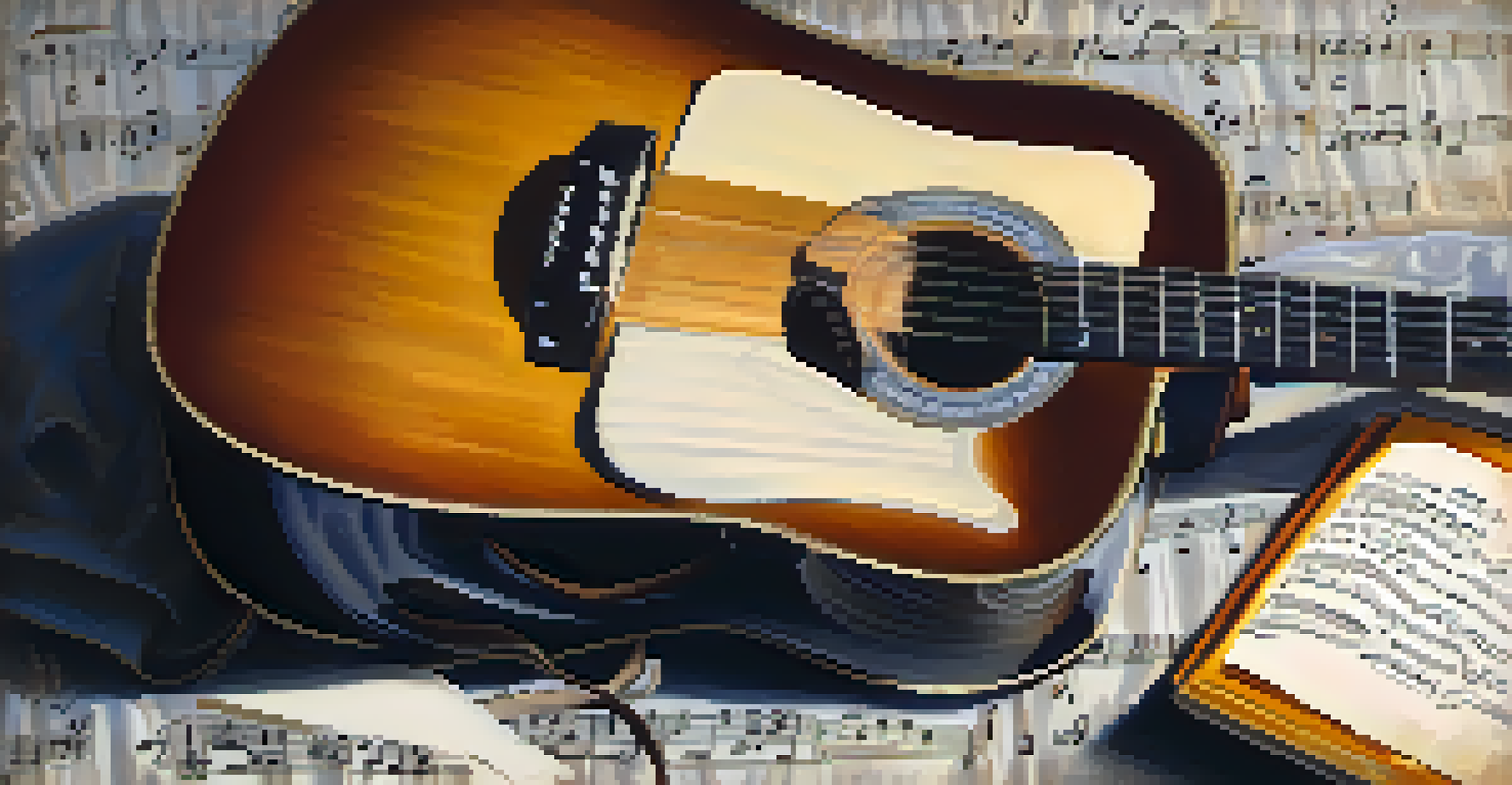 Still life of a guitar in open D tuning, a slide, and a notebook with musical notes on textured fabric, illuminated by soft natural light.