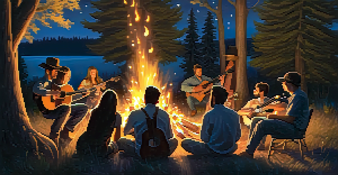 A group of musicians playing acoustic guitars around a campfire at dusk, with a warm glow and trees in the background.