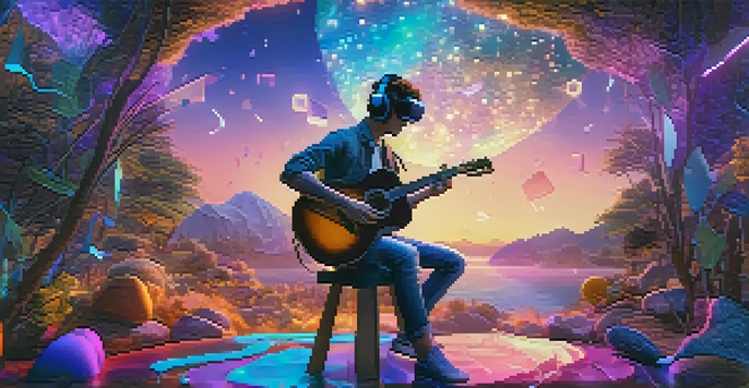 A young guitarist playing in a vibrant virtual reality environment with colorful musical notes around, illuminated by soft blue and purple lighting.