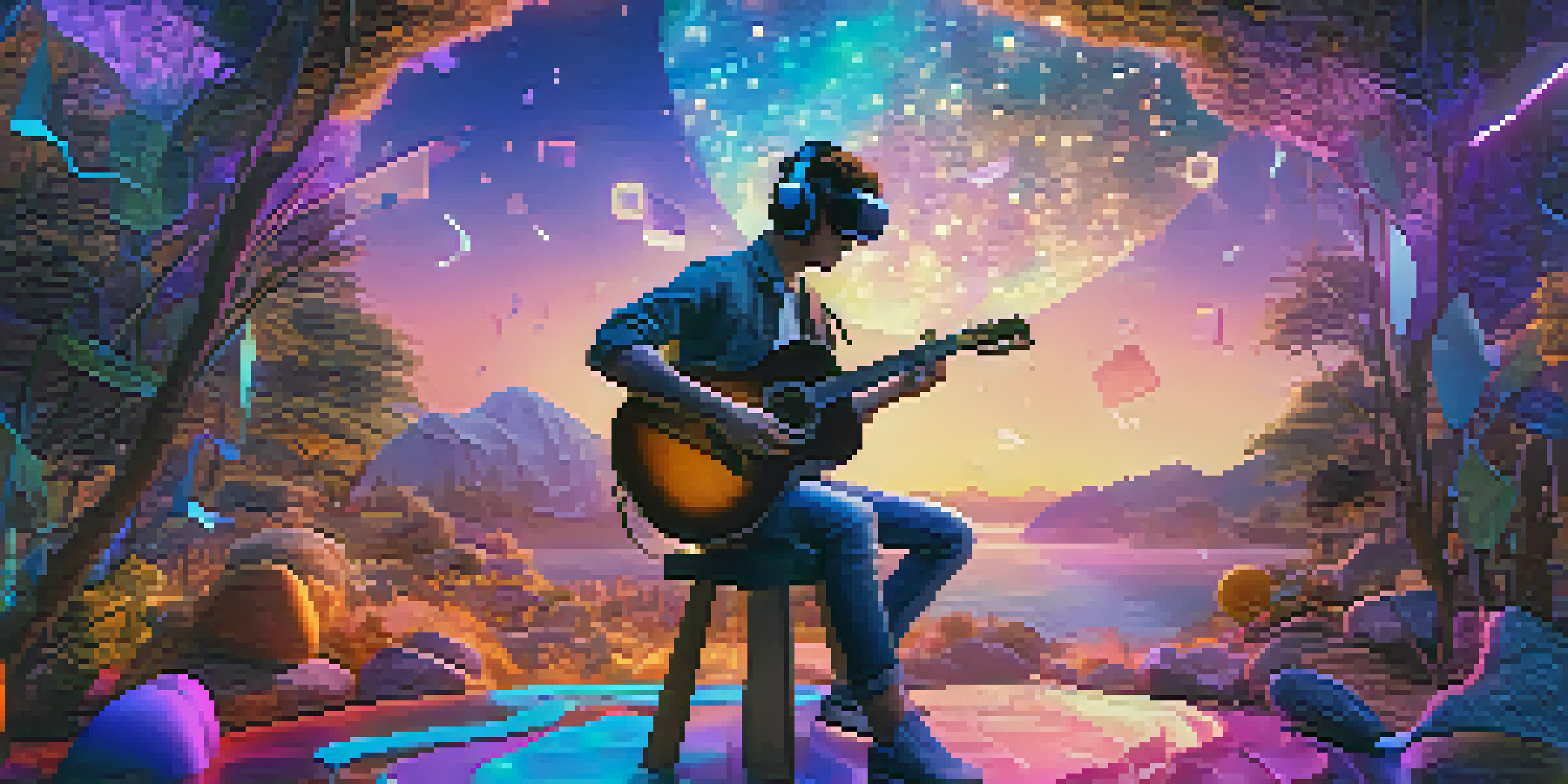 A young guitarist playing in a vibrant virtual reality environment with colorful musical notes around, illuminated by soft blue and purple lighting.