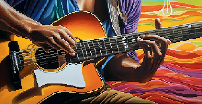 Close-up of a guitarist's hands strumming an acoustic guitar with musical notes in the background.