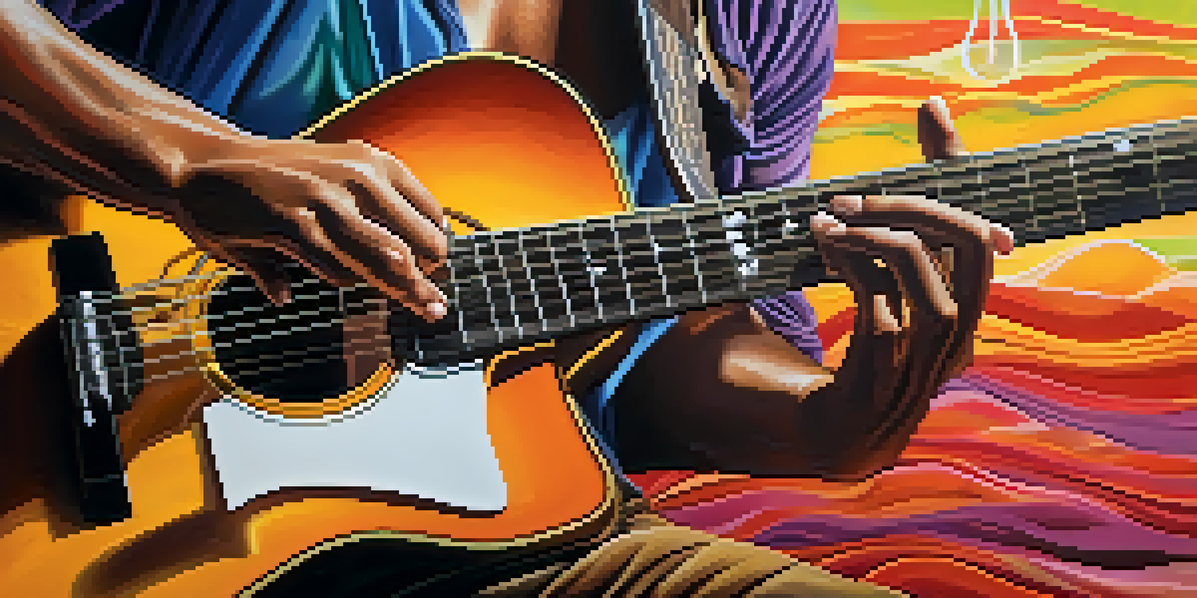 Close-up of a guitarist's hands strumming an acoustic guitar with musical notes in the background.