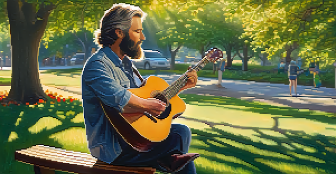 A guitarist playing in a sunny park, surrounded by greenery and flowers.