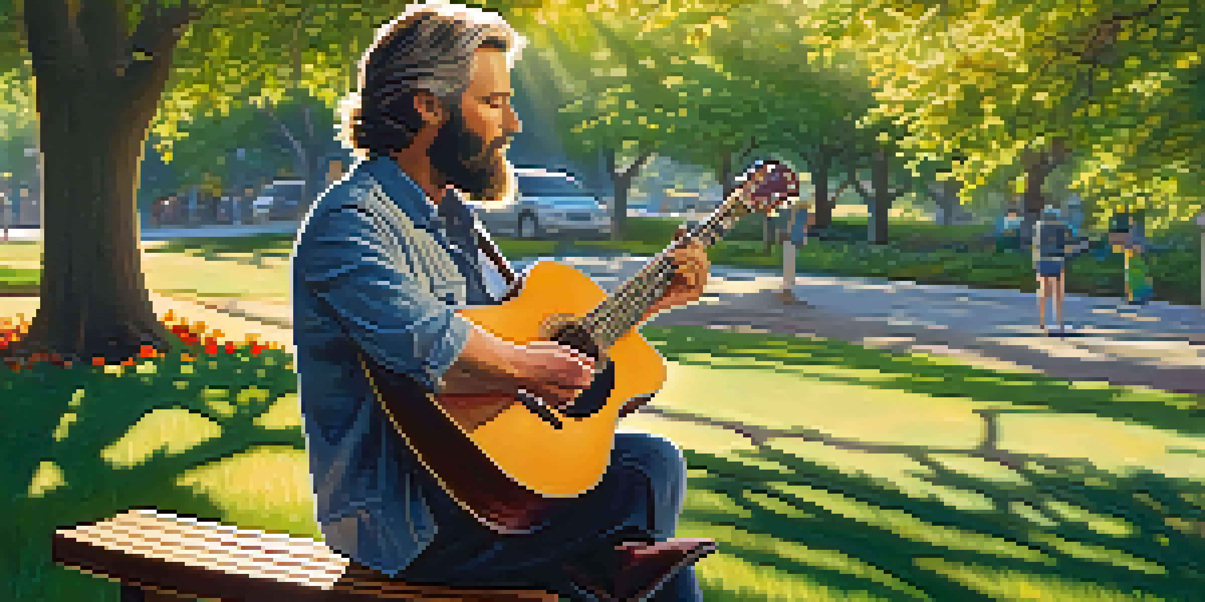 A guitarist playing in a sunny park, surrounded by greenery and flowers.