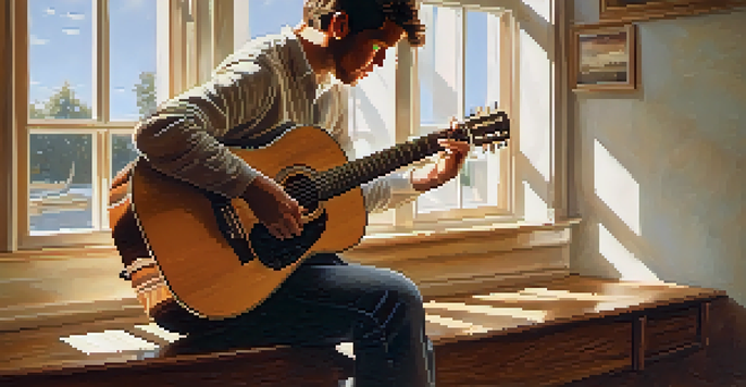 A close-up of hands playing an acoustic guitar with sunlight casting shadows on the floor.