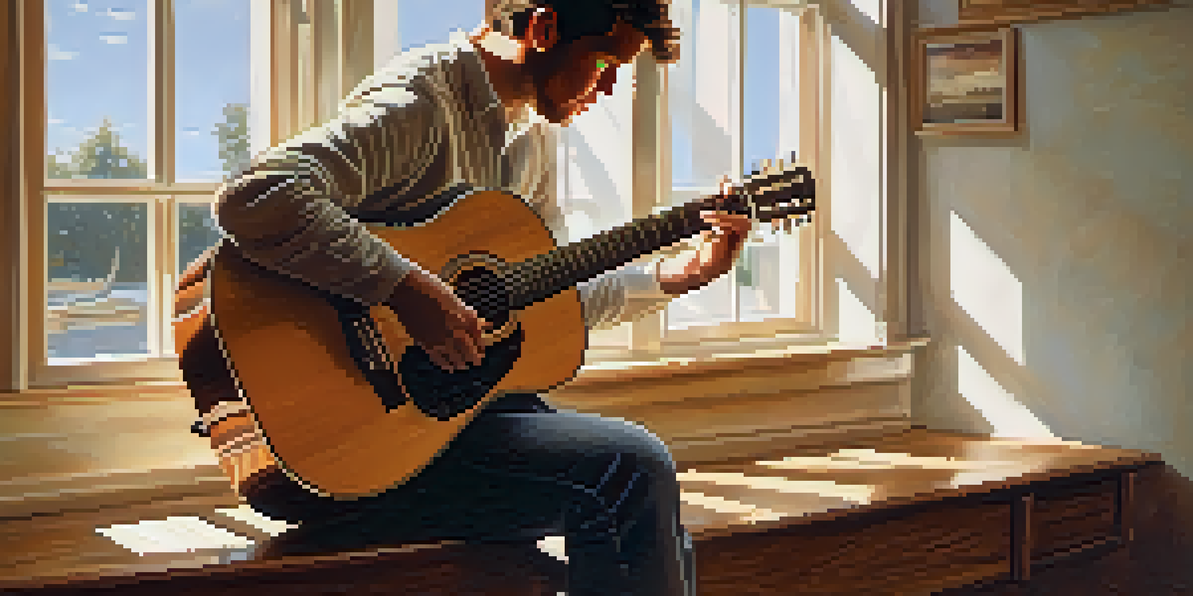 A close-up of hands playing an acoustic guitar with sunlight casting shadows on the floor.