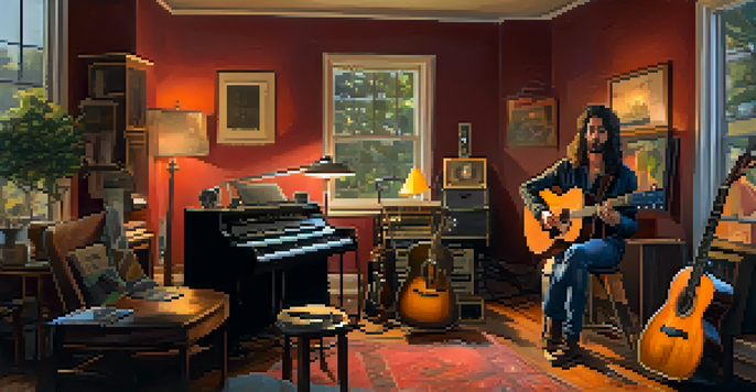 Musicians collaborating in a cozy home studio with instruments and laptops, sharing ideas in warm lighting.