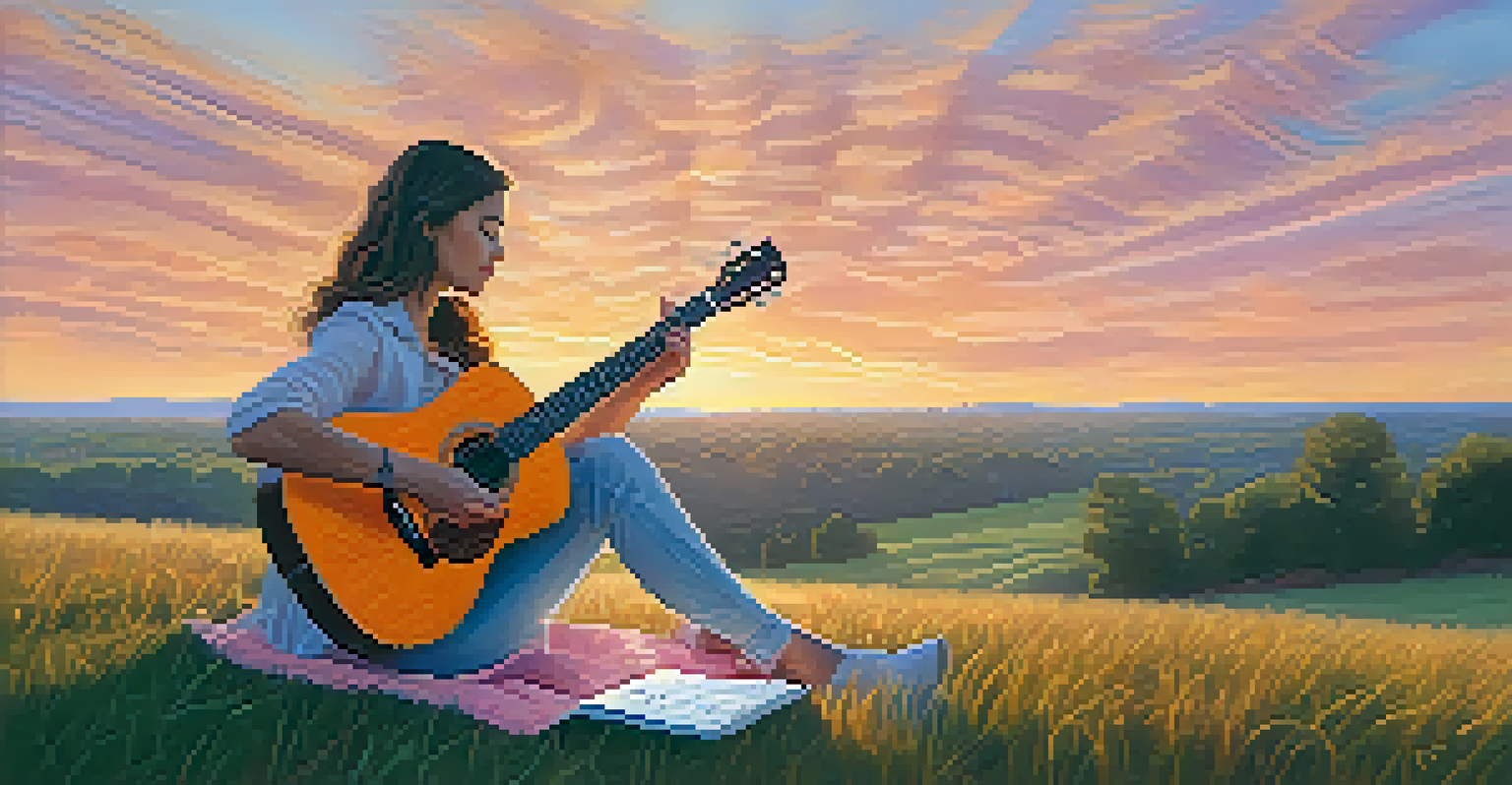A young woman practicing fingerstyle guitar on a grassy hill at sunset, with a notebook next to her, surrounded by a beautiful sky.