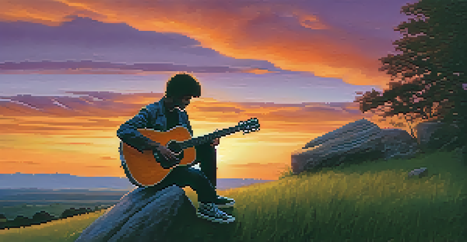 A silhouette of a guitarist sitting on a grassy hill during sunset, surrounded by vibrant sky colors.