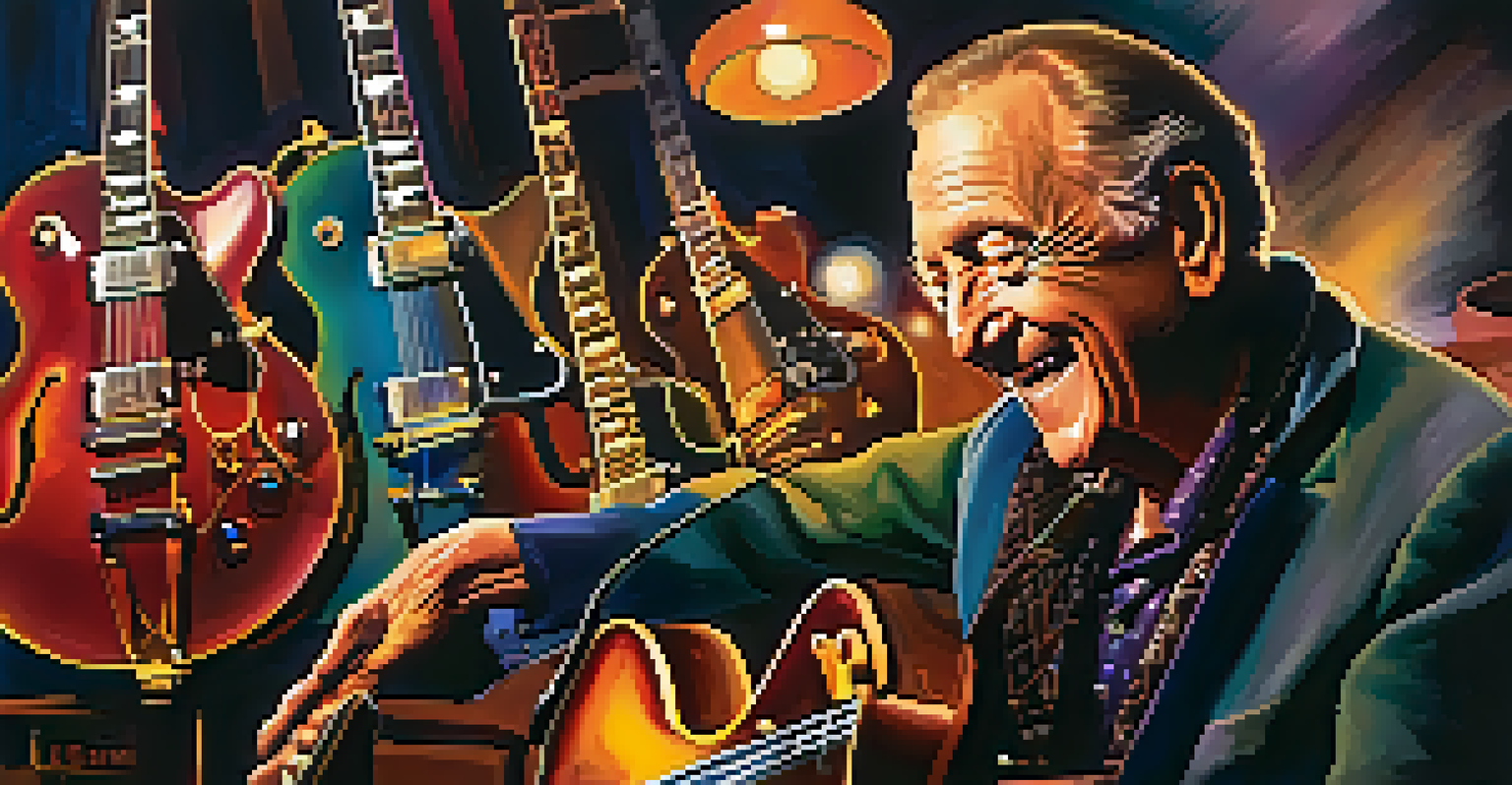 Les Paul performing at the Iridium Jazz Club, playing his guitar with a smile in front of an intimate audience in a dimly lit setting.