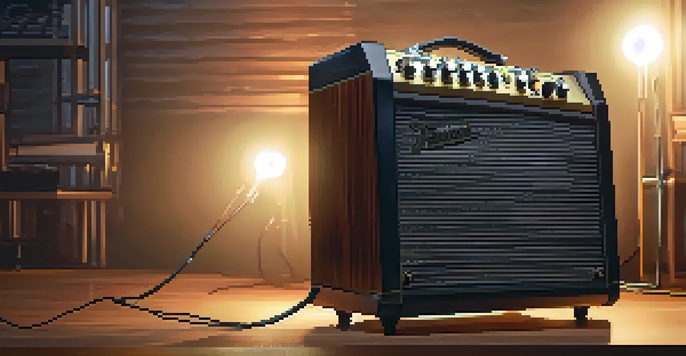 A vintage tube amplifier with glowing vacuum tubes and a classic electric guitar on a wooden stage, illuminated by soft ambient lights.