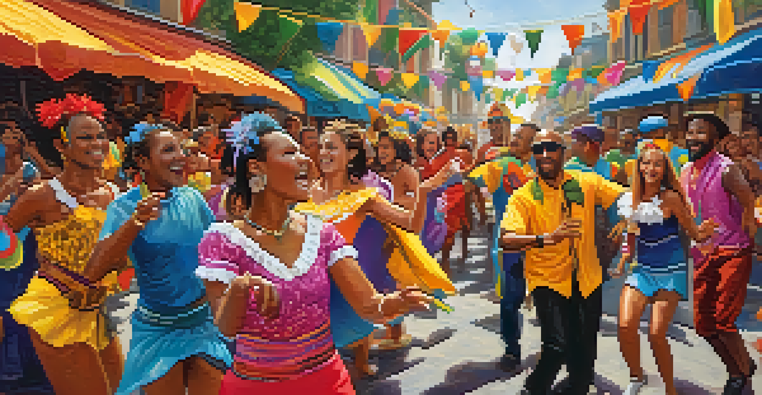 A samba band performing at a street festival with a guitarist and dancers in colorful costumes.