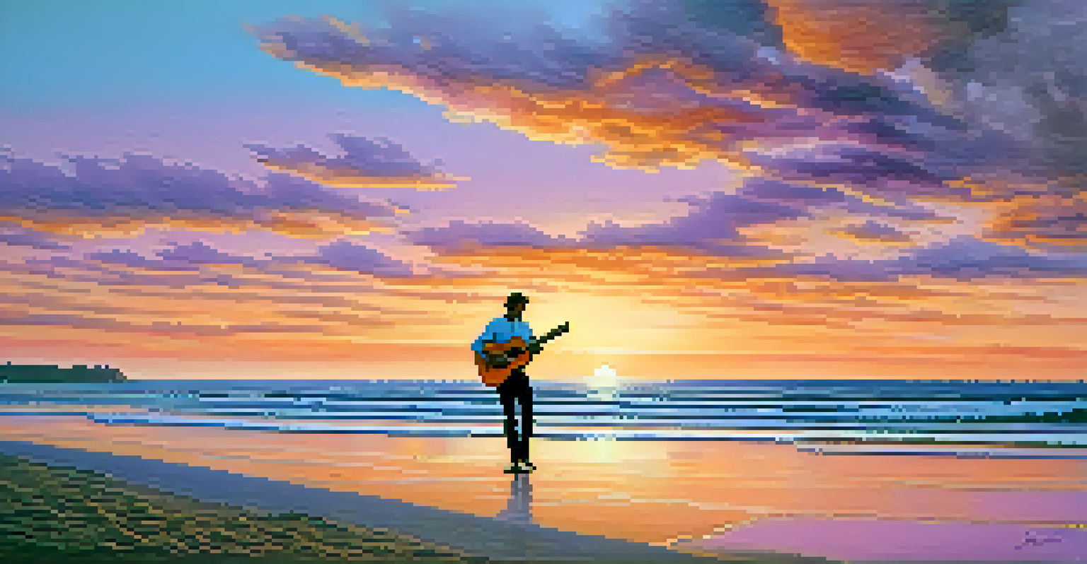 A classical guitarist playing on the beach at sunset with colorful skies.