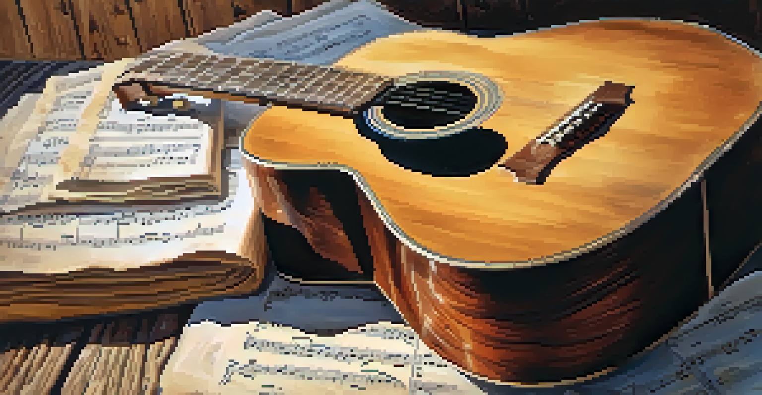 A close-up of an antique acoustic guitar on a wooden table, surrounded by sheet music, illuminated by soft, natural light.