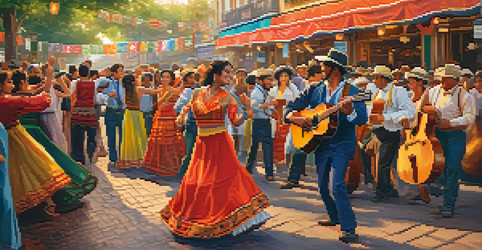 A lively street festival in Buenos Aires with musicians playing guitars and people dancing in colorful traditional attire.