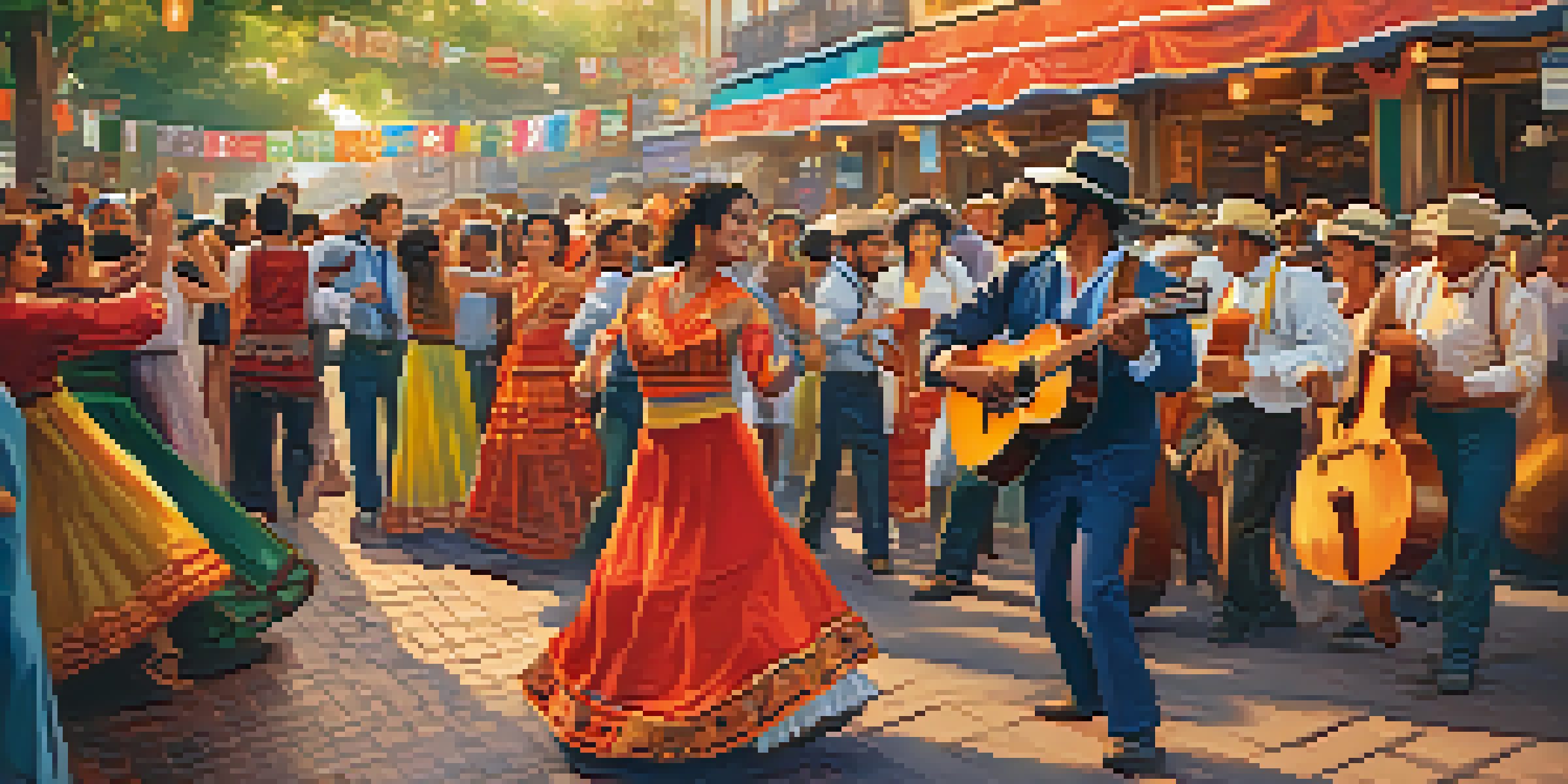 A lively street festival in Buenos Aires with musicians playing guitars and people dancing in colorful traditional attire.