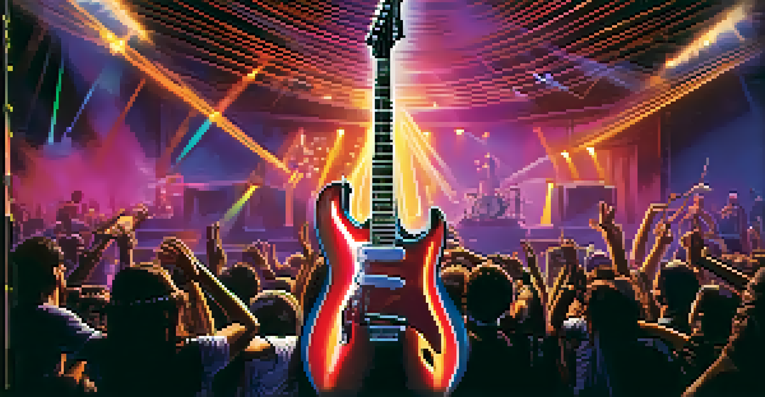 An electric guitar with LED lights on a vibrant stage, with musicians performing in the background under dynamic lighting.