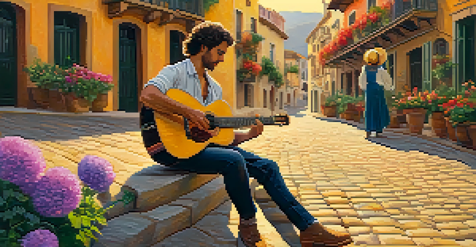 A Spanish guitarist performing outdoors with flowers and traditional buildings in the background.