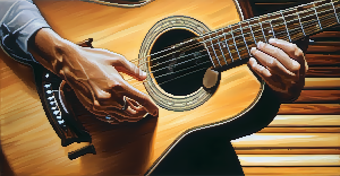 A close-up view of a guitarist's hands strumming an acoustic guitar, with a blurred background and warm lighting.