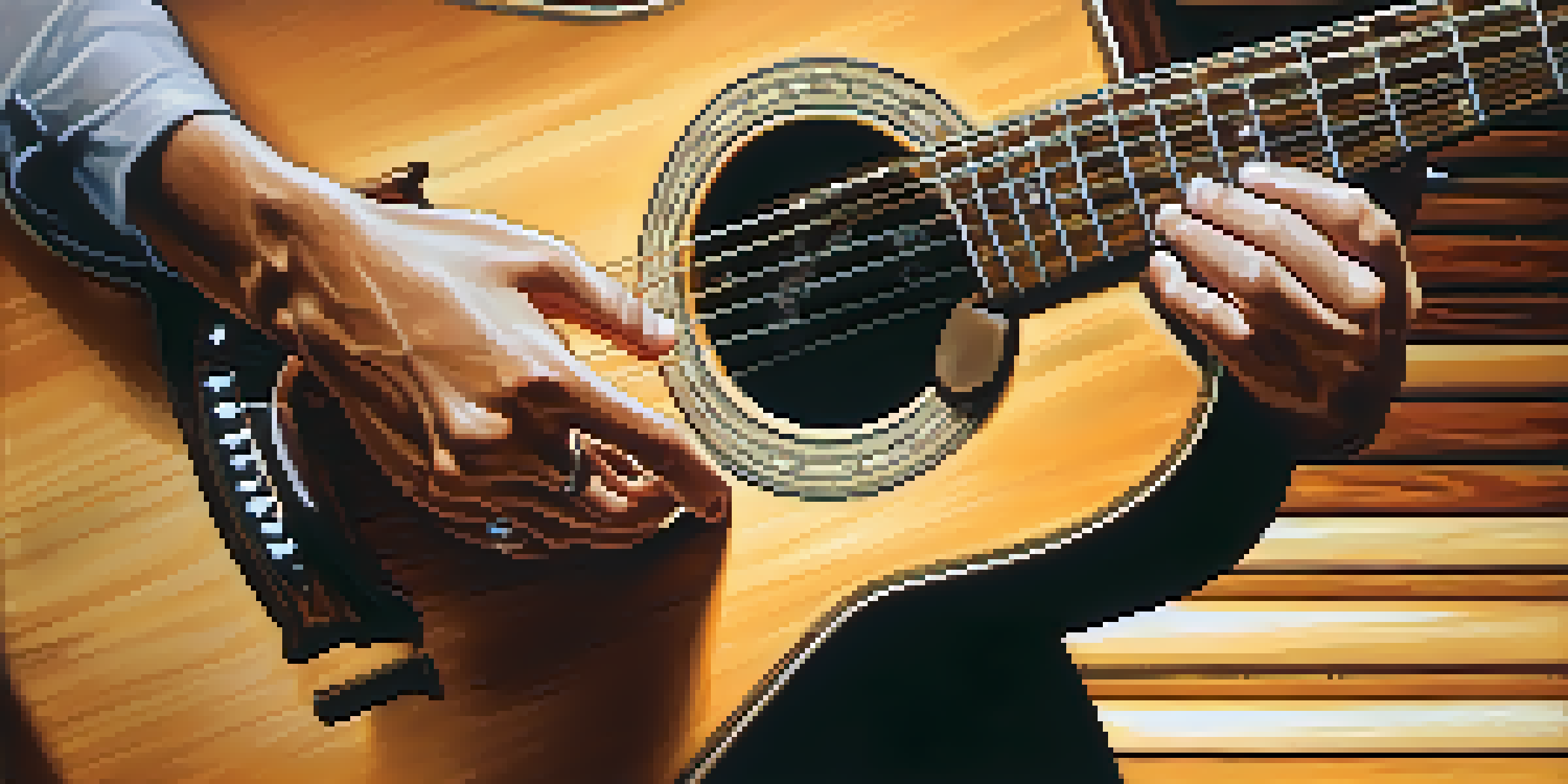 A close-up view of a guitarist's hands strumming an acoustic guitar, with a blurred background and warm lighting.