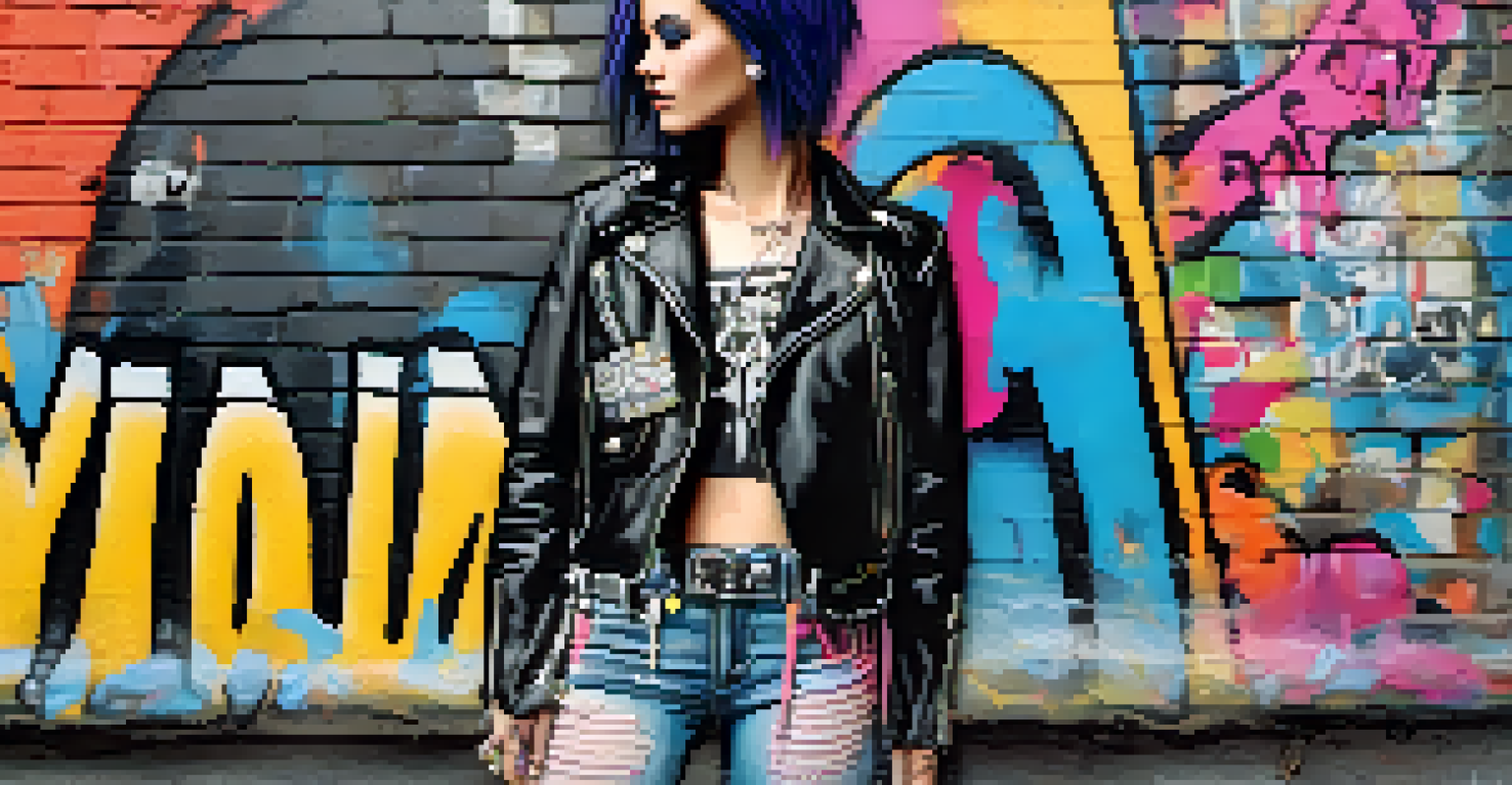 A punk rock outfit displayed against a graffiti wall, featuring a leather jacket, ripped jeans, and vibrant accessories.