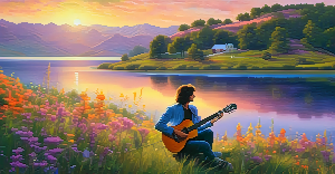 A guitarist on a hill during sunset, surrounded by wildflowers and a lake, with musical notes floating in the air.