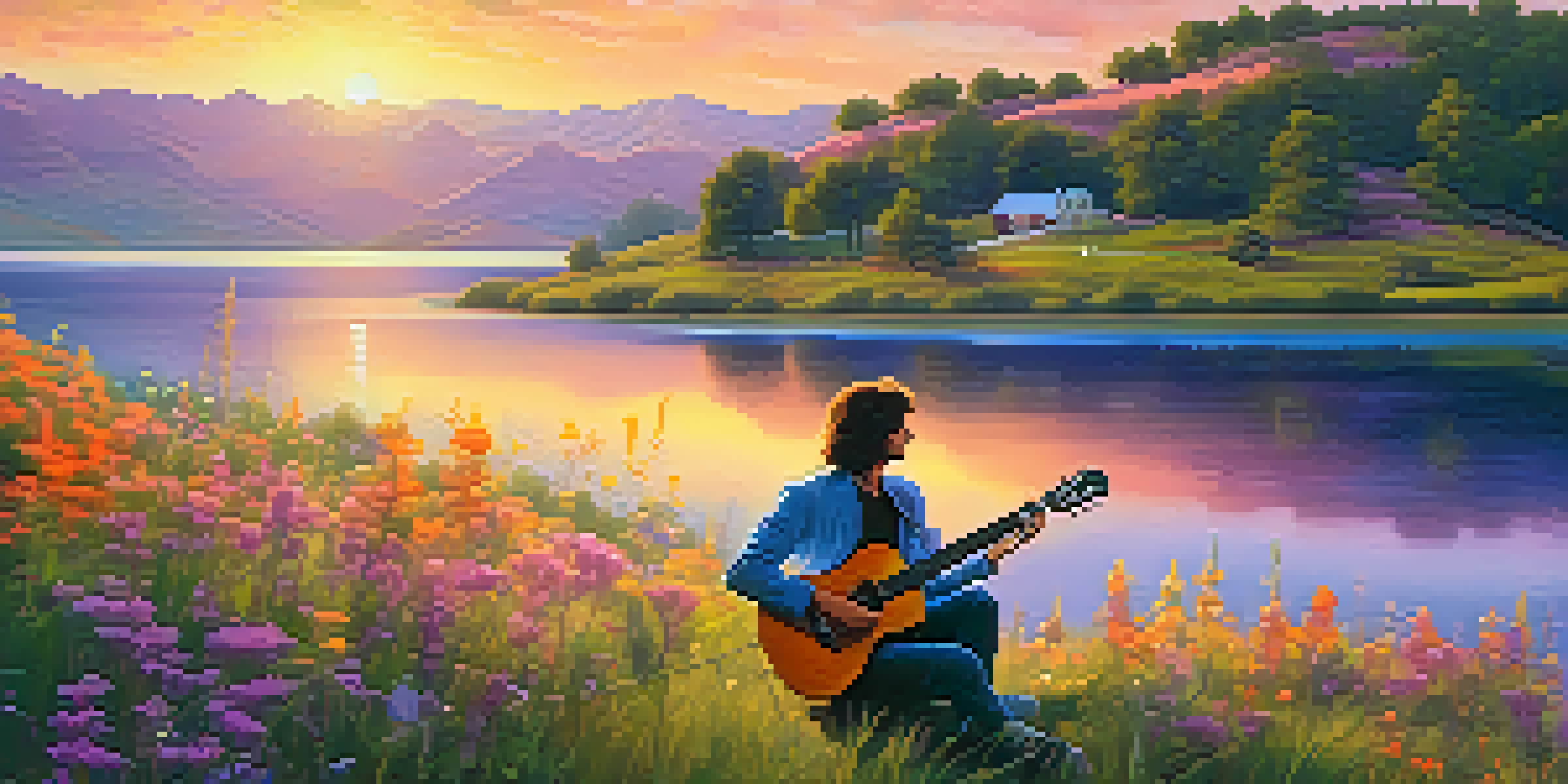 A guitarist on a hill during sunset, surrounded by wildflowers and a lake, with musical notes floating in the air.