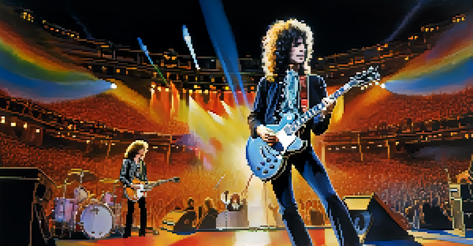 A musician performing live on stage with a double-neck guitar, surrounded by an enthusiastic audience.