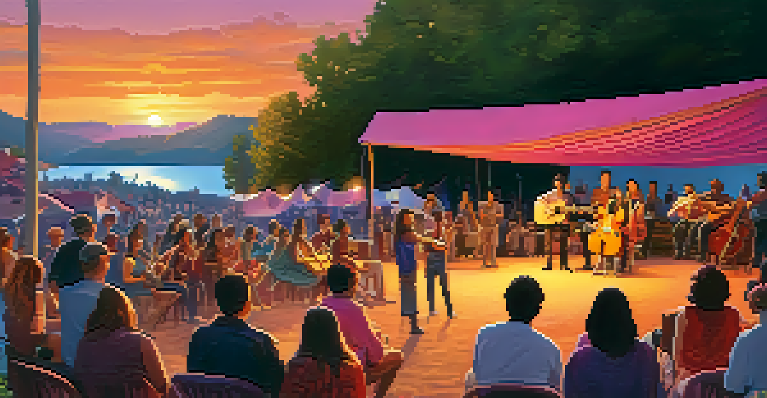A vibrant outdoor folk music festival at sunset, with musicians performing on stage and an audience enjoying the lively atmosphere.