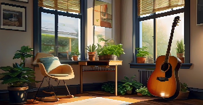 A cozy home studio with an acoustic guitar, sheet music, and potted plants, bathed in warm light.