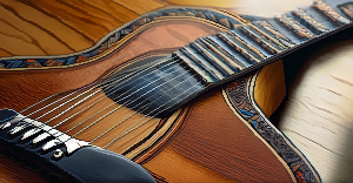 A close-up view of a leather guitar strap and an acoustic guitar, highlighting their textures in soft natural light.