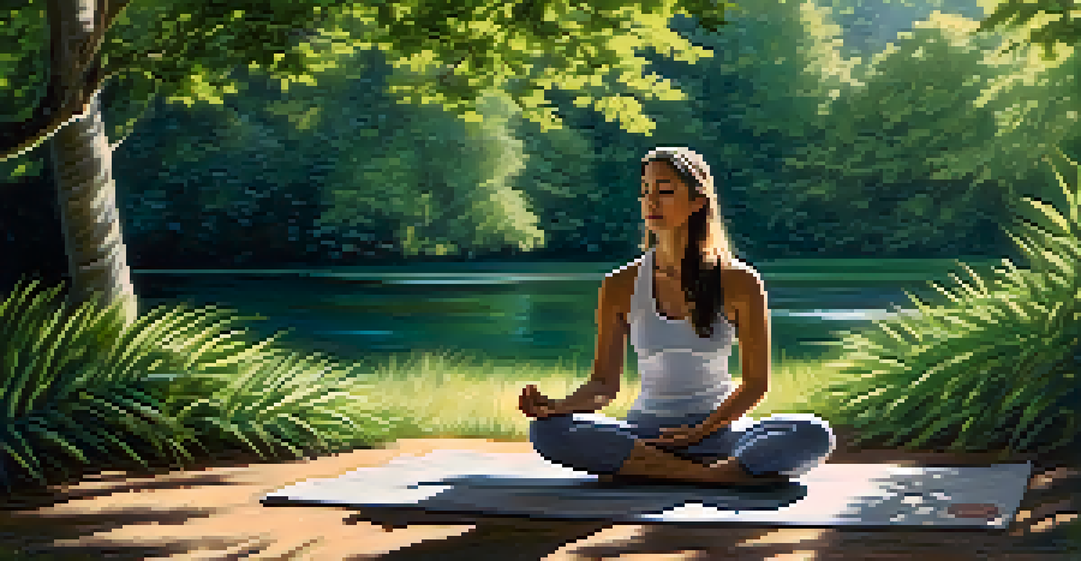 A young woman practicing mindfulness outdoors on a yoga mat surrounded by greenery, embodying tranquility.