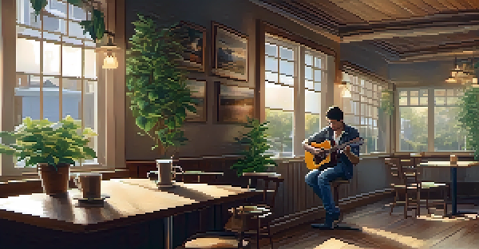 A guitarist playing an acoustic guitar in a cozy coffee shop with warm lighting and a cup of coffee.