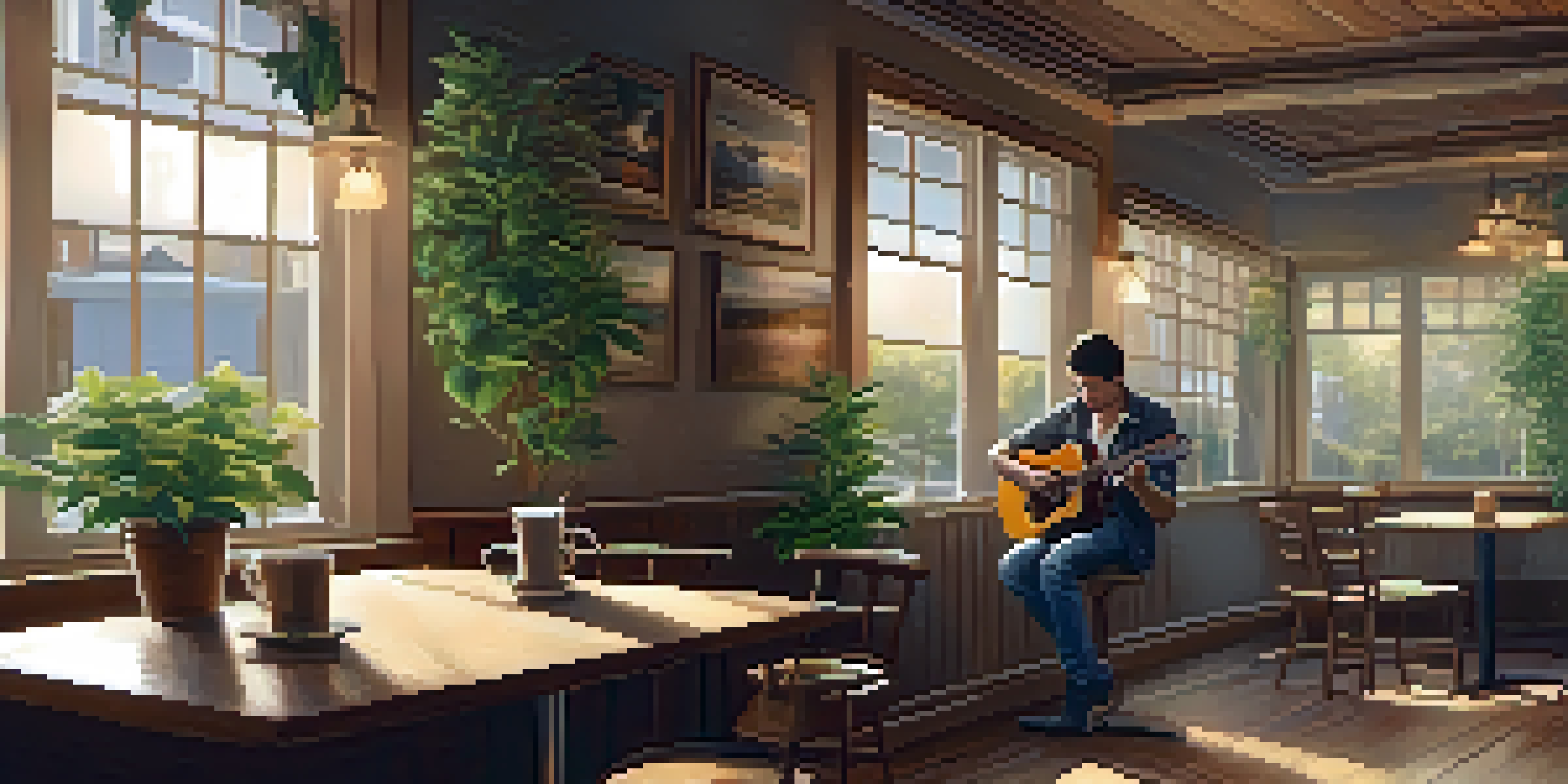 A guitarist playing an acoustic guitar in a cozy coffee shop with warm lighting and a cup of coffee.