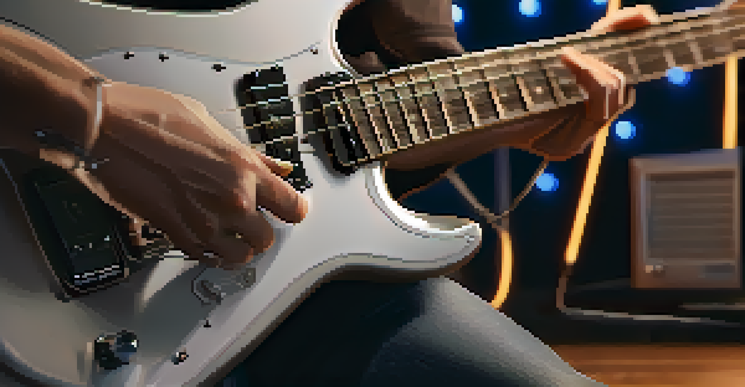 Close-up of a musician's hands playing an electric guitar with a microphone in a warmly lit environment.