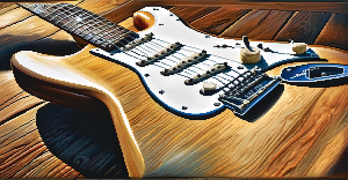 A close-up view of a sunburst Fender Stratocaster guitar on a vintage wooden stage with warm lighting.