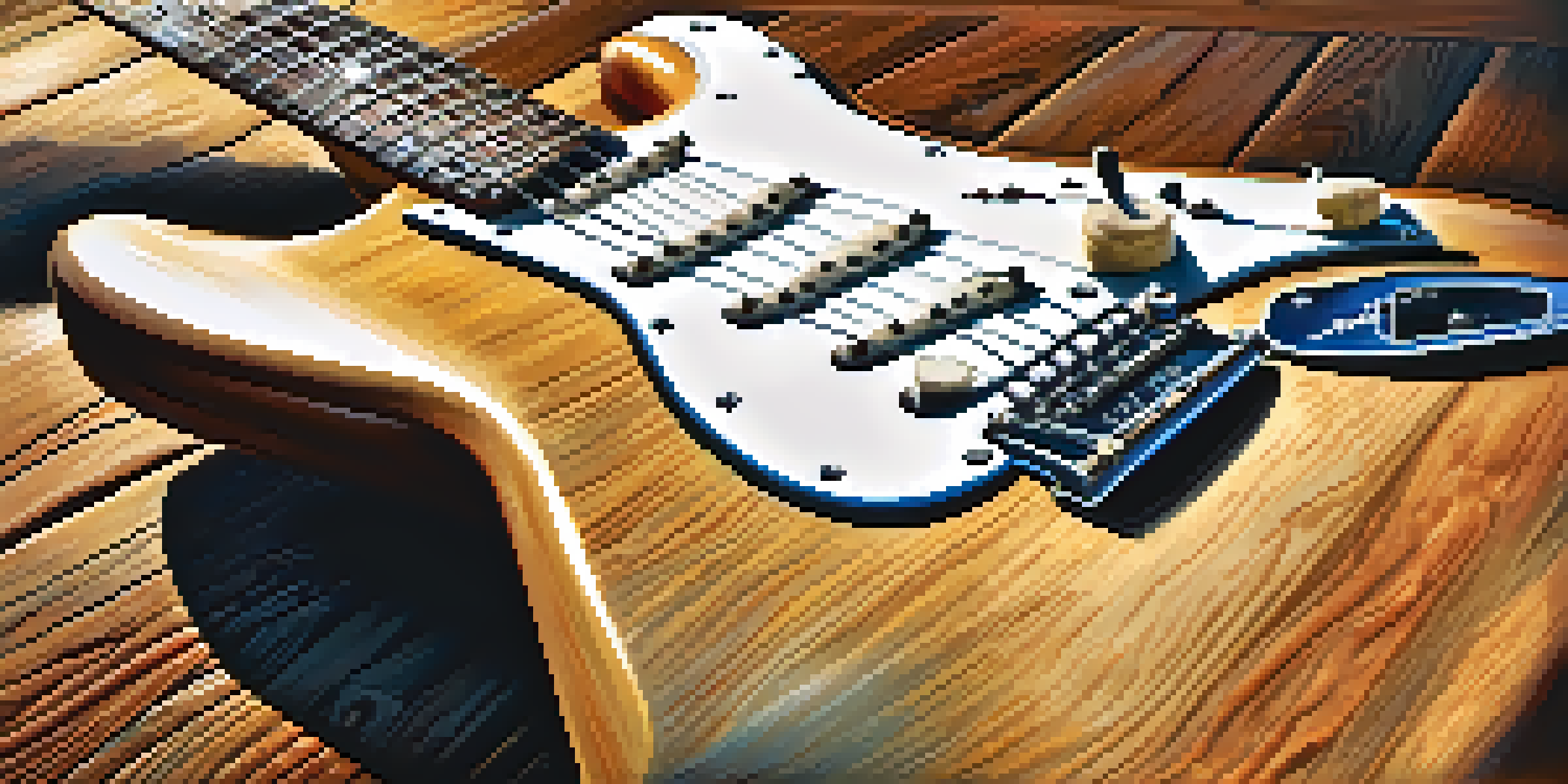 A close-up view of a sunburst Fender Stratocaster guitar on a vintage wooden stage with warm lighting.