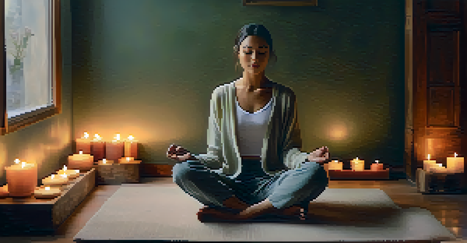 A person meditating cross-legged on a mat surrounded by candles and cushions, in a peaceful room filled with light.