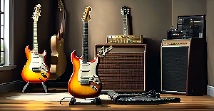 A music studio with various guitars on stands, showcasing a bright Stratocaster and a thick Les Paul, illuminated by soft lighting.
