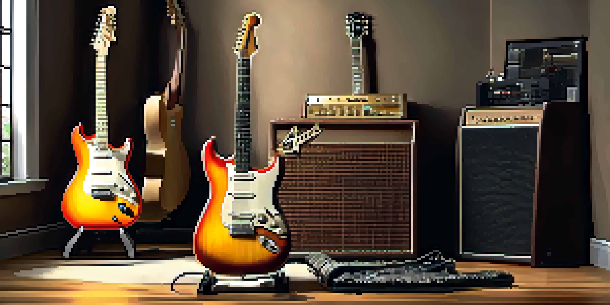 A music studio with various guitars on stands, showcasing a bright Stratocaster and a thick Les Paul, illuminated by soft lighting.