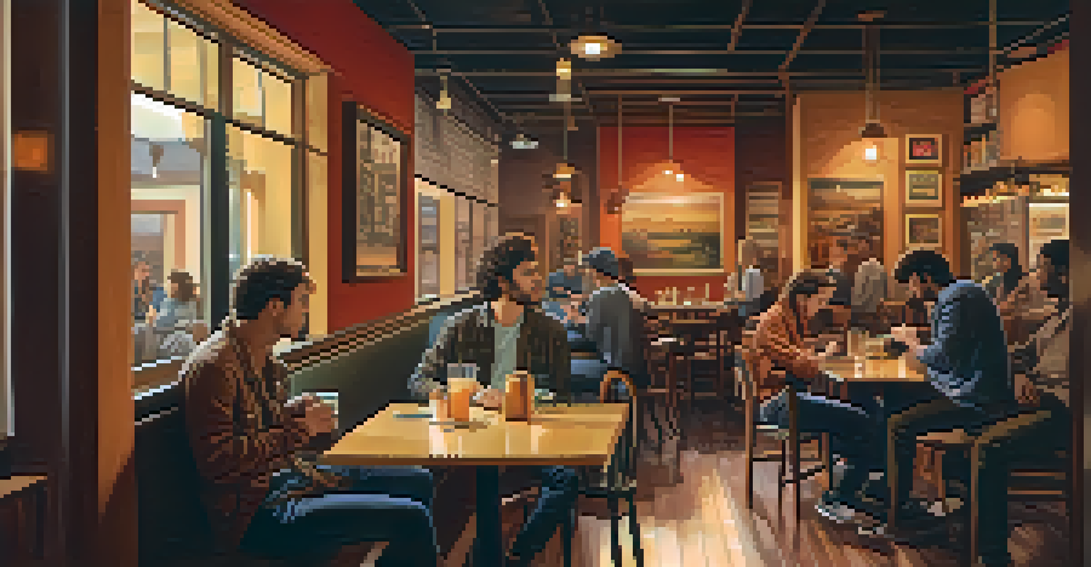 A guitarist in a cozy cafe with musicians chatting, surrounded by instruments and warm lighting.
