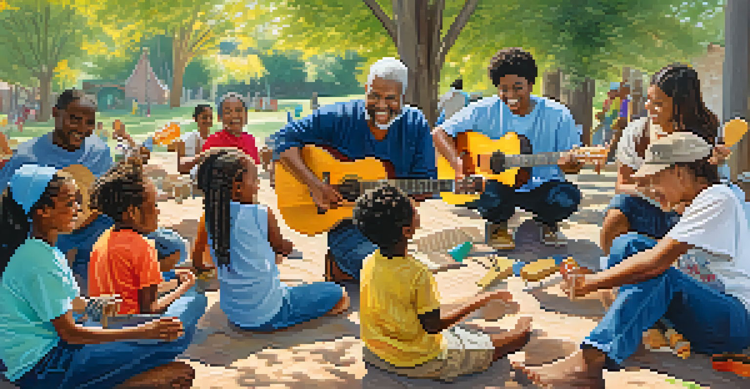 A community music workshop with individuals of different ages learning to play guitar together, creating an atmosphere of joy and belonging.