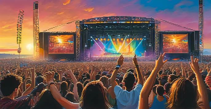 A lively crowd of rock music fans enjoying a festival, with colorful lights and a sunset in the background.