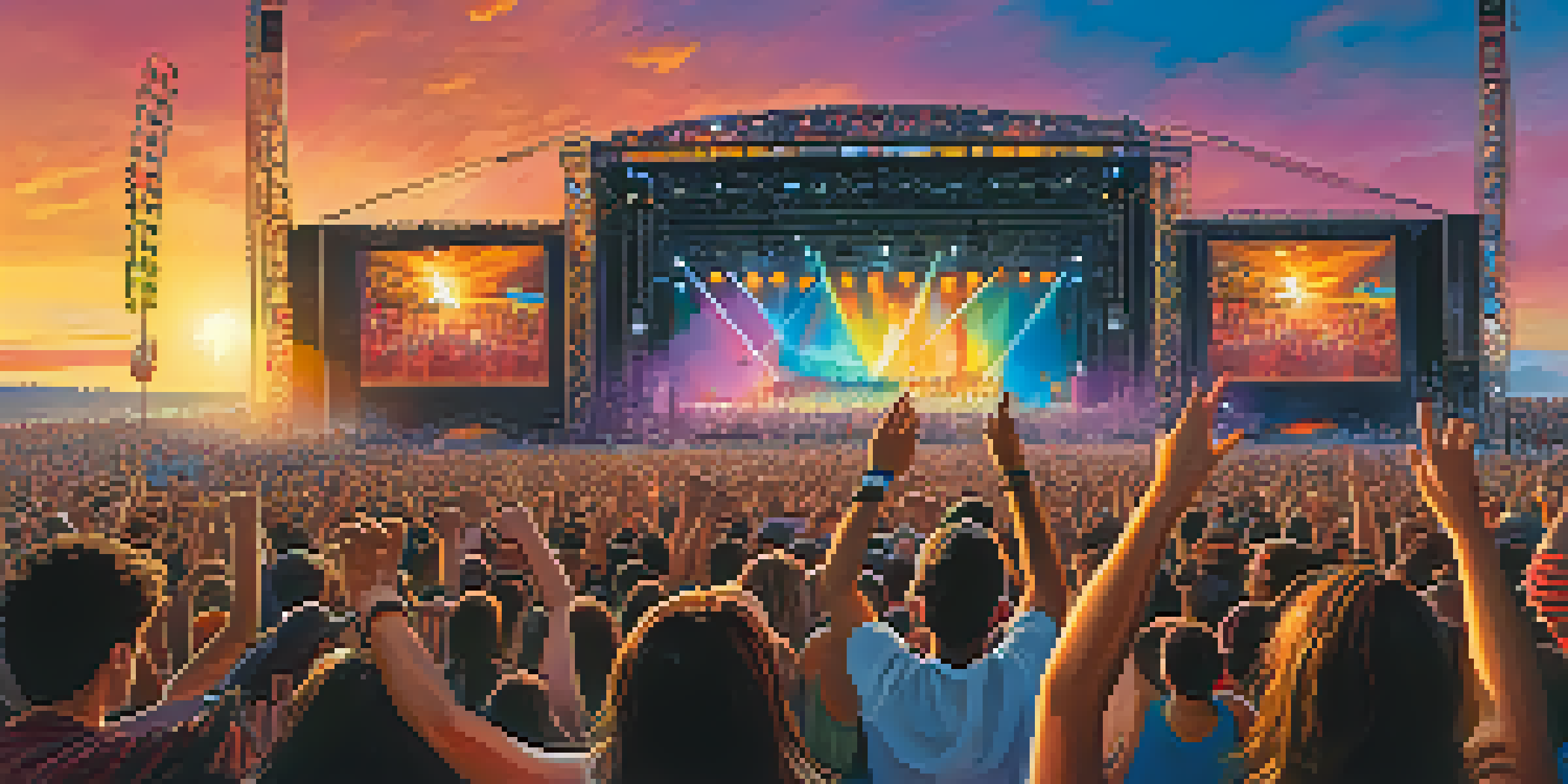 A lively crowd of rock music fans enjoying a festival, with colorful lights and a sunset in the background.