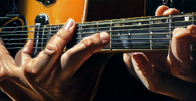 A close-up view of a guitarist's hands playing a guitar, showcasing the technique of vibrato.
