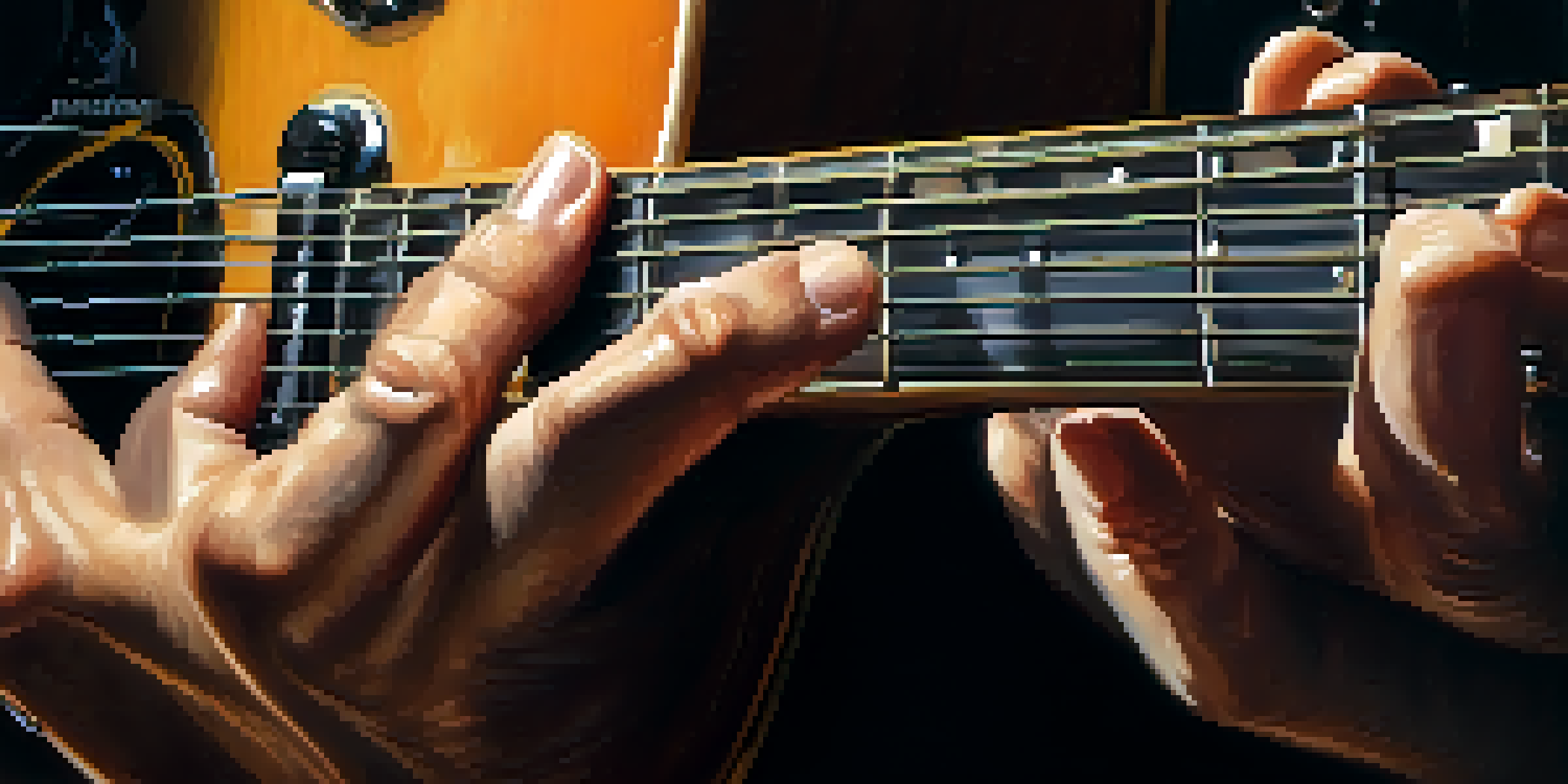 A close-up view of a guitarist's hands playing a guitar, showcasing the technique of vibrato.