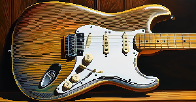 A close-up of a Fender Stratocaster guitar on a wooden stage, highlighted by warm lighting.
