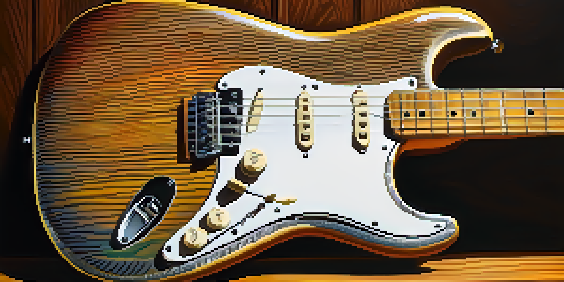 A close-up of a Fender Stratocaster guitar on a wooden stage, highlighted by warm lighting.