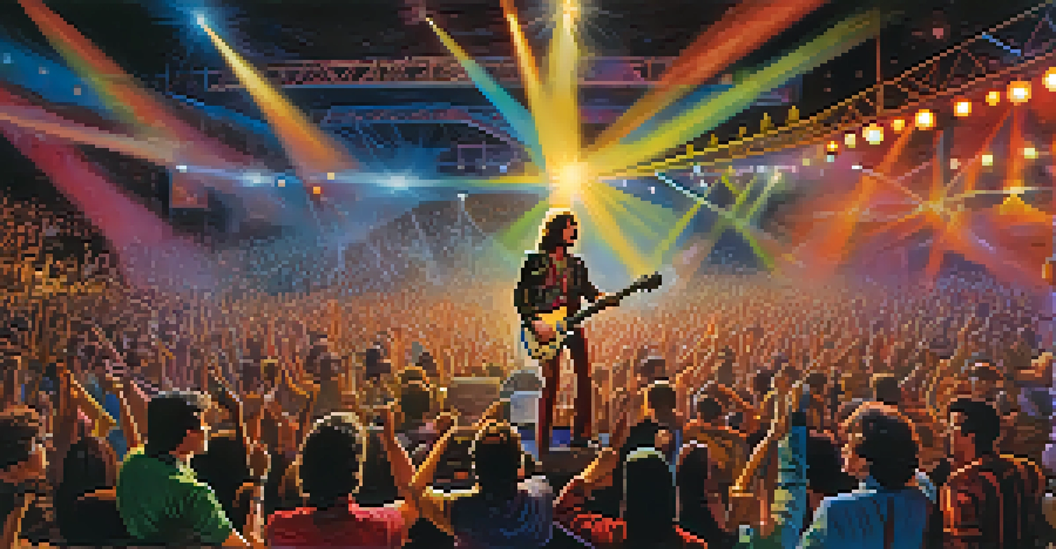 A rock band performing in the 1970s with a lead guitarist playing a solo under colorful stage lights.